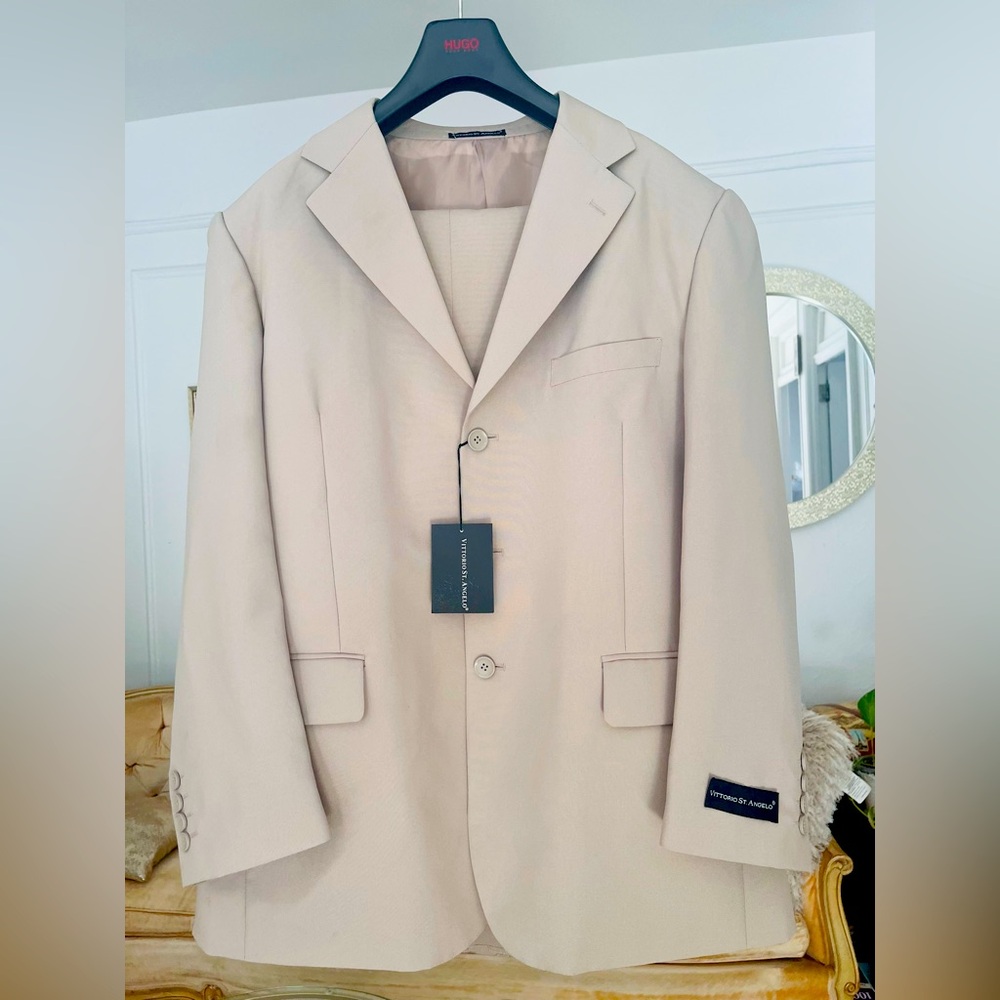 NEW Mens Vittorio St. Angelo Beige Cream 3 Button Suit Pants Size 42R 36W NWT